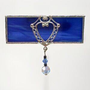 Artisan Stained Glass Brooch Victorian Style Blue & Silver Tone Dangle Pin 2"